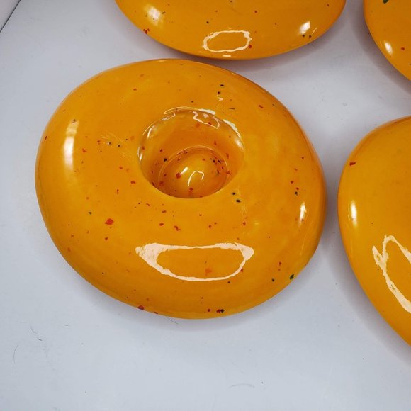 Egg Holder Plate Bowl Pottery Set Of 4 Speckled Yellow Hand Painted Handmade - Picture 9 of 14